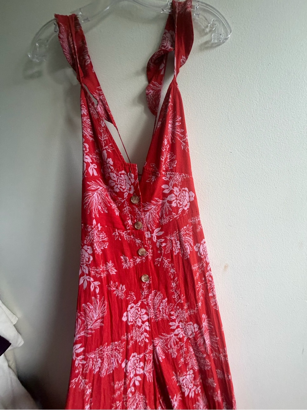 Free People Red Floral Button-Front Wide-Leg Jumpsuit - Picture 4 of 7